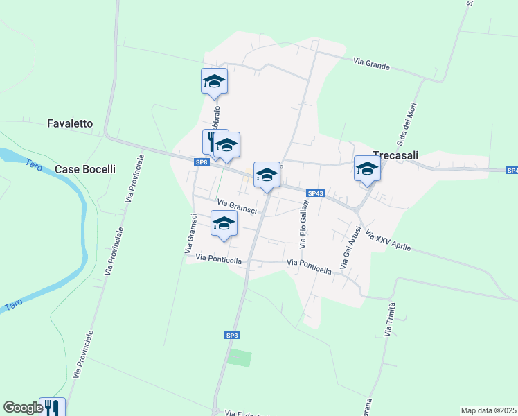 map of restaurants, bars, coffee shops, grocery stores, and more near Strada Provinciale 8 in Trecasali