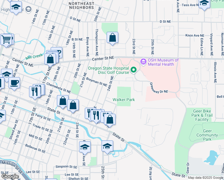 map of restaurants, bars, coffee shops, grocery stores, and more near 480 24th Street Northeast in Salem