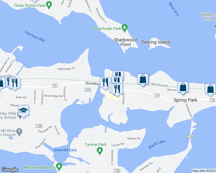 map of restaurants, bars, coffee shops, grocery stores, and more near 4515 Shoreline Drive in Spring Park