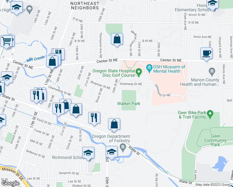 map of restaurants, bars, coffee shops, grocery stores, and more near 482 24th Street Northeast in Salem