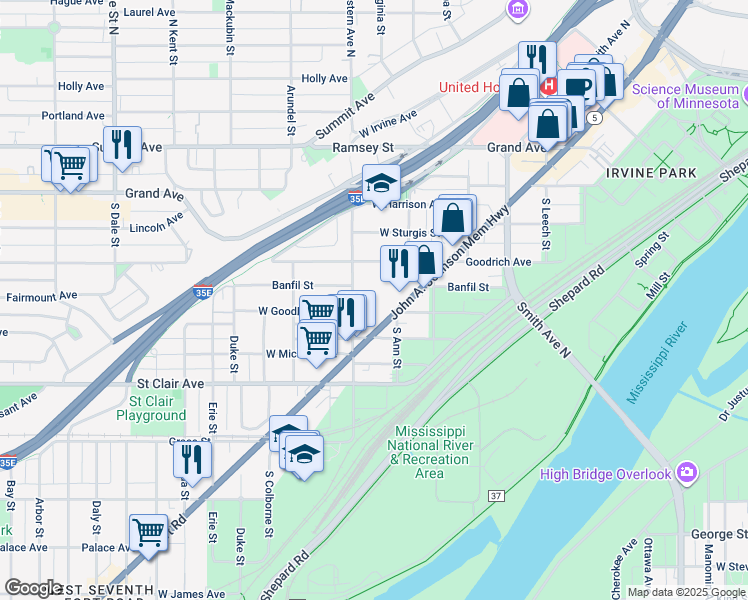 map of restaurants, bars, coffee shops, grocery stores, and more near 160 Western Ave S in St Paul