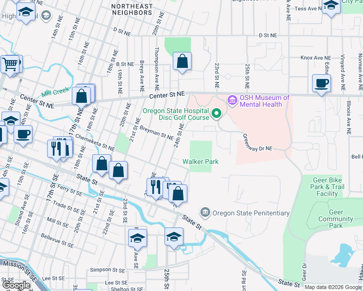map of restaurants, bars, coffee shops, grocery stores, and more near 476 24th Street Northeast in Salem