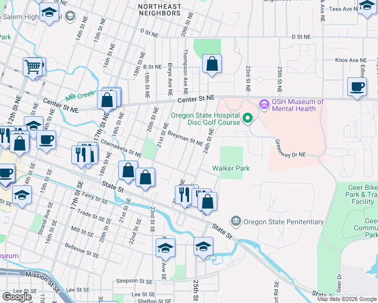 map of restaurants, bars, coffee shops, grocery stores, and more near 445 Rose Street Northeast in Salem