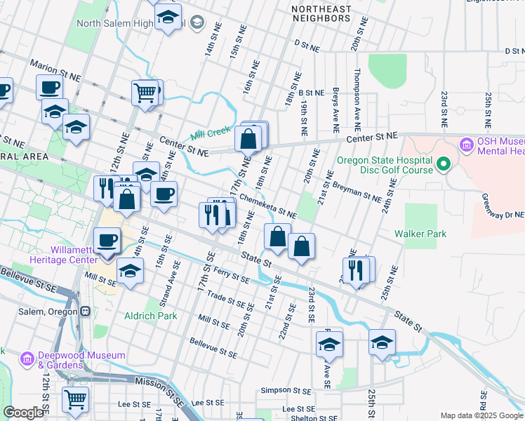 map of restaurants, bars, coffee shops, grocery stores, and more near 1796 Chemeketa Street Northeast in Salem