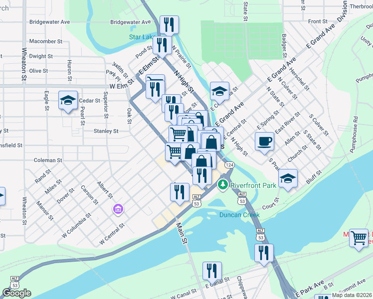 map of restaurants, bars, coffee shops, grocery stores, and more near in Chippewa Falls