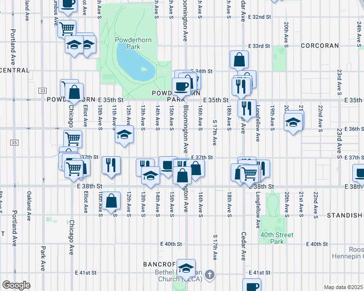 map of restaurants, bars, coffee shops, grocery stores, and more near 3619 South 15th Avenue in Minneapolis