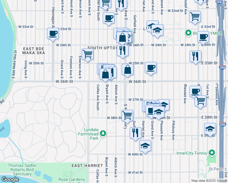 map of restaurants, bars, coffee shops, grocery stores, and more near 3622 Aldrich Avenue South in Minneapolis