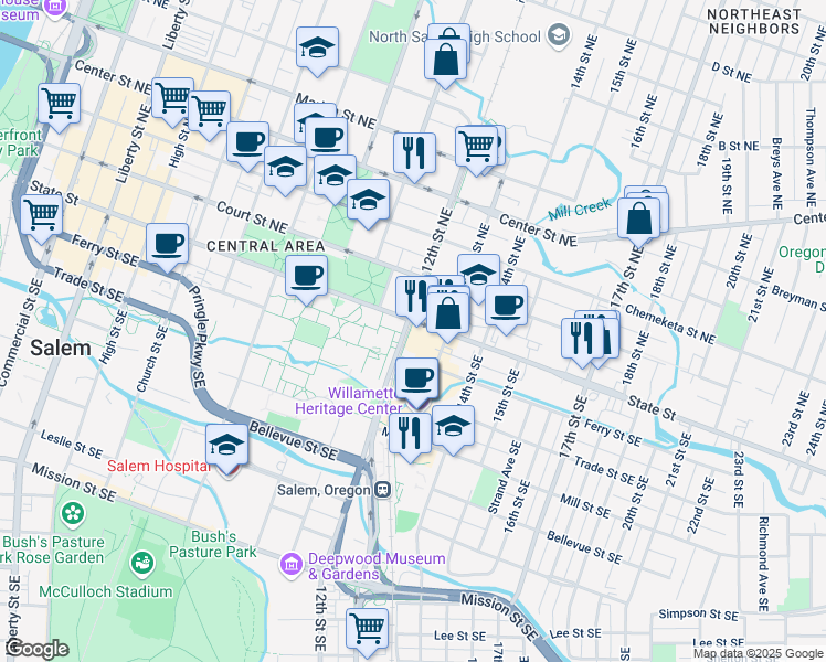 map of restaurants, bars, coffee shops, grocery stores, and more near 1210 State Street in Salem