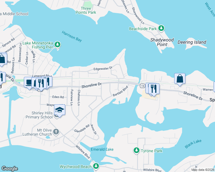 map of restaurants, bars, coffee shops, grocery stores, and more near 2305 Norwood Lane in Mound