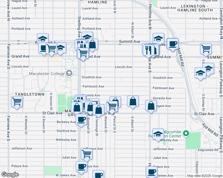 map of restaurants, bars, coffee shops, grocery stores, and more near 1456 Fairmount Avenue in Saint Paul