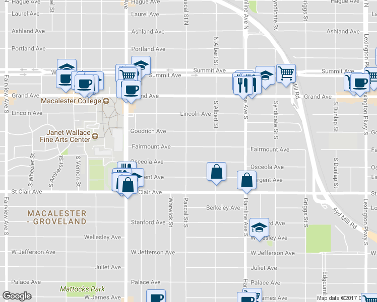map of restaurants, bars, coffee shops, grocery stores, and more near 1456 Fairmount Avenue in Saint Paul