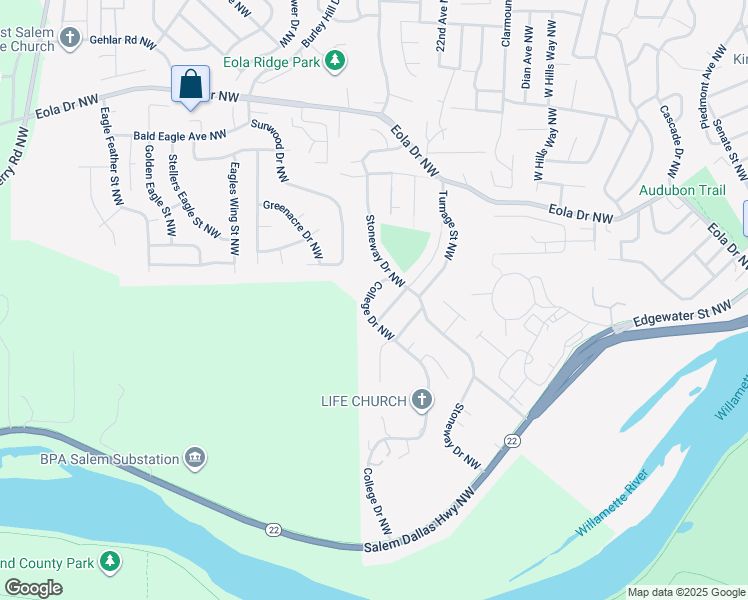 map of restaurants, bars, coffee shops, grocery stores, and more near 540 College Drive Northwest in Salem