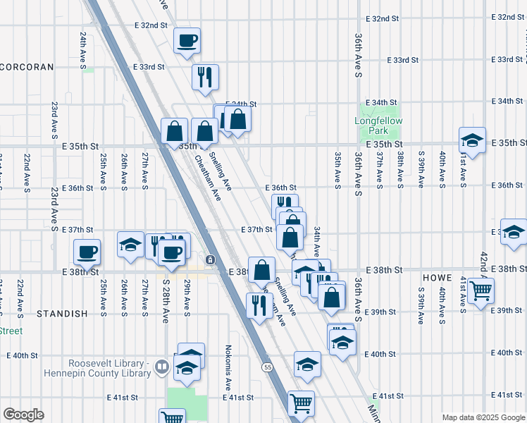 map of restaurants, bars, coffee shops, grocery stores, and more near 3636 Minnehaha Avenue in Minneapolis