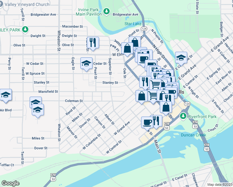map of restaurants, bars, coffee shops, grocery stores, and more near 235 Mansfield Street in Chippewa Falls