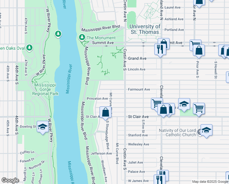 map of restaurants, bars, coffee shops, grocery stores, and more near 2206 Fairmount Avenue in Saint Paul