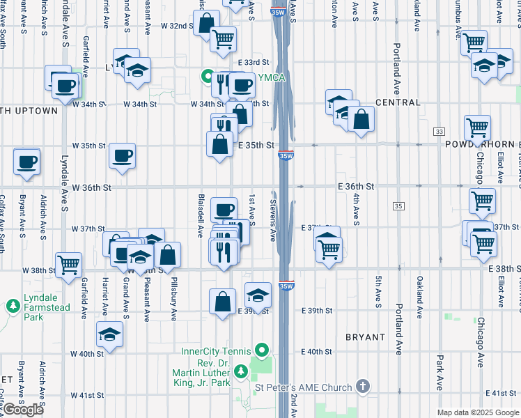 map of restaurants, bars, coffee shops, grocery stores, and more near 3625 1st Avenue South in Minneapolis