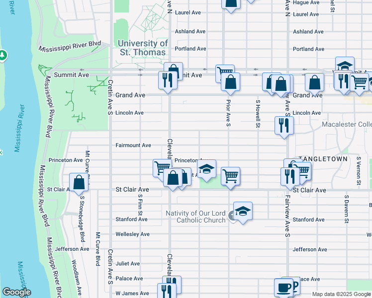 map of restaurants, bars, coffee shops, grocery stores, and more near 2024 Fairmount Avenue in Saint Paul