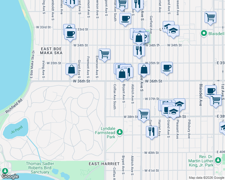 map of restaurants, bars, coffee shops, grocery stores, and more near 3620 Colfax Avenue South in Minneapolis