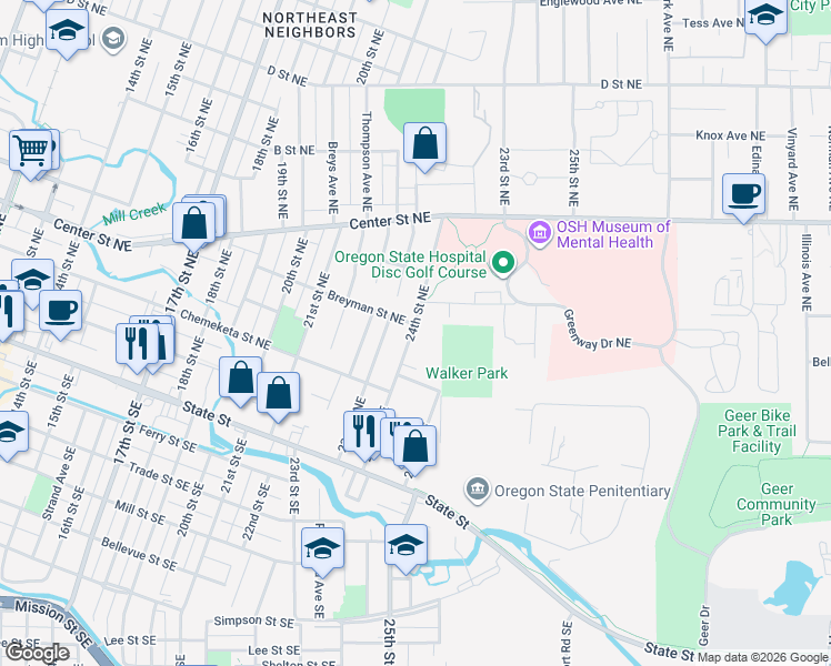 map of restaurants, bars, coffee shops, grocery stores, and more near 488 24th Street Northeast in Salem