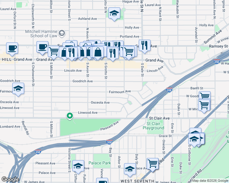 map of restaurants, bars, coffee shops, grocery stores, and more near 721 Fairmount Avenue in Saint Paul