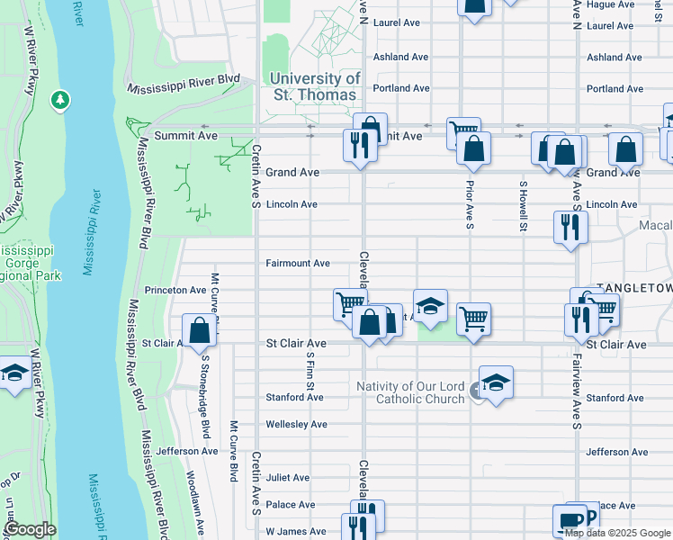 map of restaurants, bars, coffee shops, grocery stores, and more near 2096 Fairmount Avenue in Saint Paul