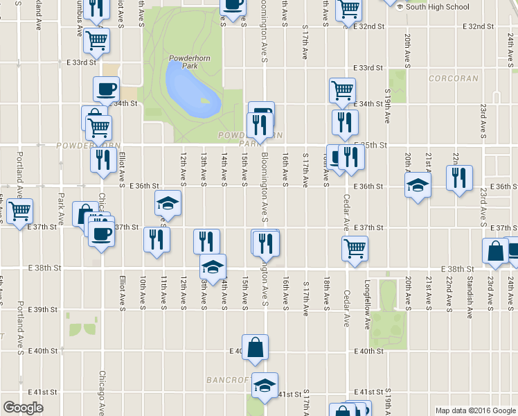 map of restaurants, bars, coffee shops, grocery stores, and more near 3619 South 15th Avenue in Minneapolis