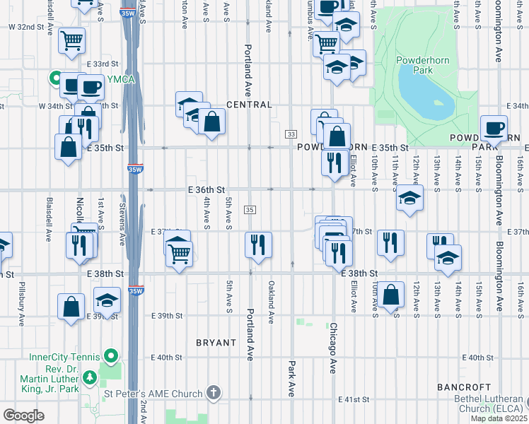 map of restaurants, bars, coffee shops, grocery stores, and more near 3621 Portland Avenue in Minneapolis