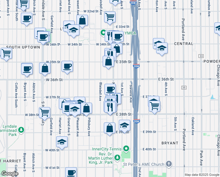 map of restaurants, bars, coffee shops, grocery stores, and more near 3621 Blaisdell Avenue in Minneapolis