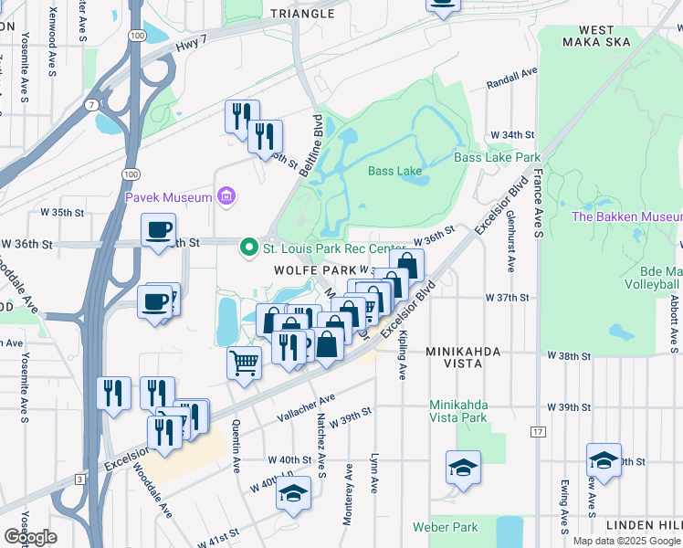 map of restaurants, bars, coffee shops, grocery stores, and more near 4531 West 36th 1/2 Street in St. Louis Park