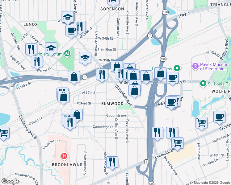 map of restaurants, bars, coffee shops, grocery stores, and more near 3701 Alabama Avenue South in St. Louis Park