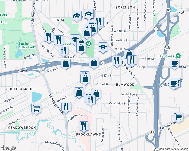 map of restaurants, bars, coffee shops, grocery stores, and more near 7450 Minnesota 7 in Minneapolis