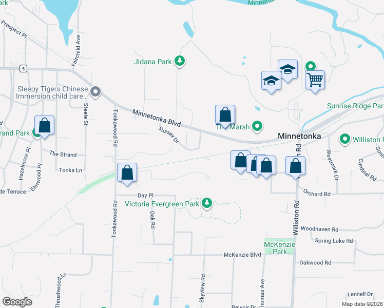 map of restaurants, bars, coffee shops, grocery stores, and more near 15453 Sussex Drive in Minnetonka