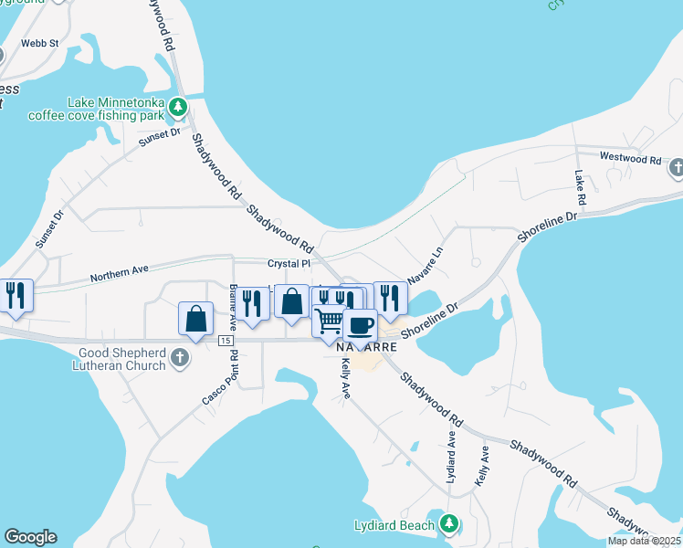 map of restaurants, bars, coffee shops, grocery stores, and more near 2296 Shadywood Road in Wayzata