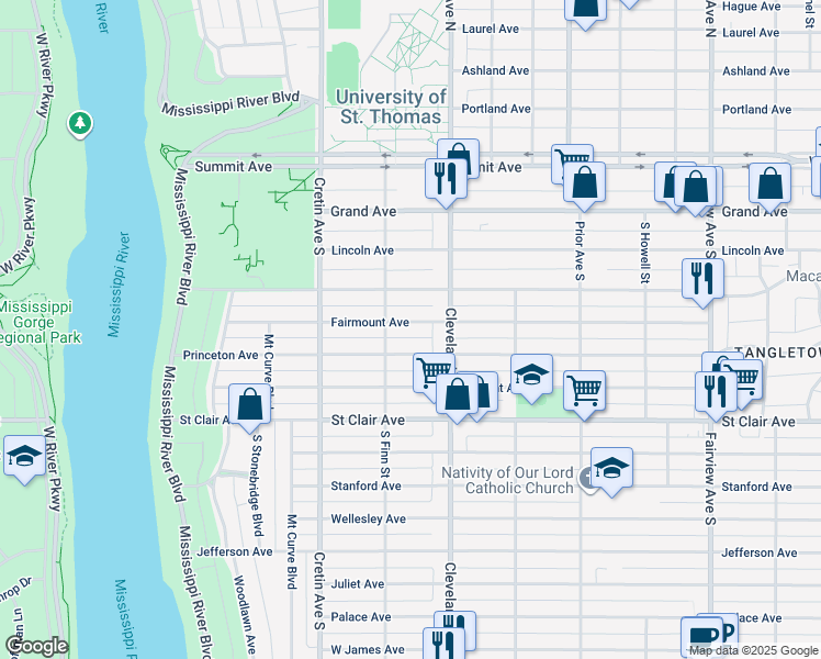 map of restaurants, bars, coffee shops, grocery stores, and more near 2096 Fairmount Avenue in Saint Paul