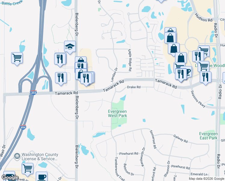 map of restaurants, bars, coffee shops, grocery stores, and more near 830 Tamberwood Trail in Saint Paul