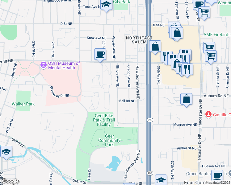 map of restaurants, bars, coffee shops, grocery stores, and more near 533 Illinois Avenue Northeast in Salem
