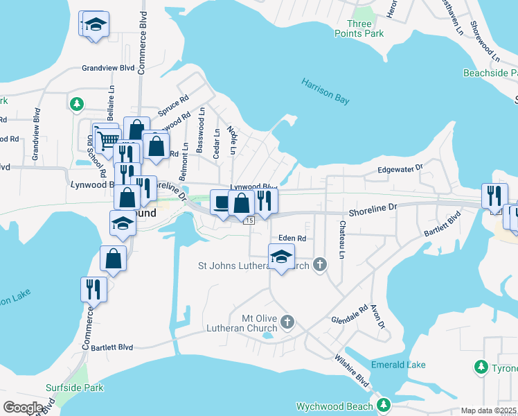 map of restaurants, bars, coffee shops, grocery stores, and more near 5336 Shoreline Drive in Mound