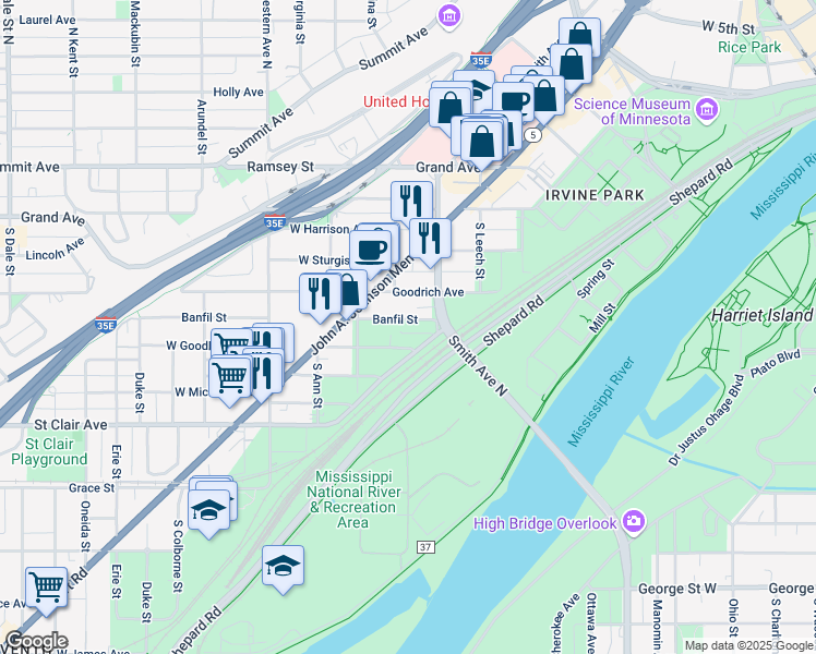 map of restaurants, bars, coffee shops, grocery stores, and more near 262 Banfil Street in Saint Paul