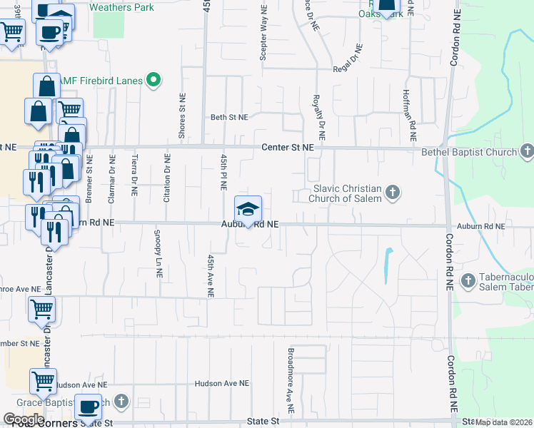 map of restaurants, bars, coffee shops, grocery stores, and more near 525 Baldwin Avenue Northeast in Salem