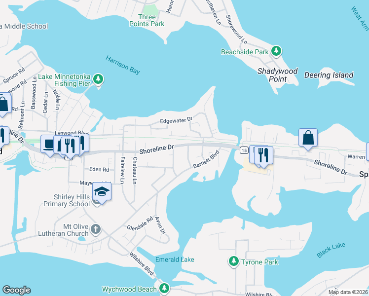 map of restaurants, bars, coffee shops, grocery stores, and more near 2305 Norwood Lane in Mound