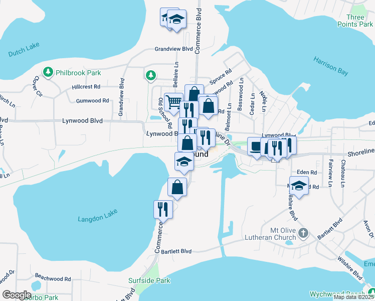 map of restaurants, bars, coffee shops, grocery stores, and more near 2313 Commerce Boulevard in Mound
