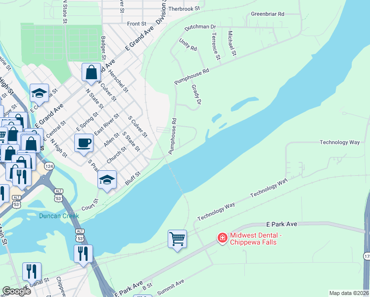 map of restaurants, bars, coffee shops, grocery stores, and more near 153 Amstar Drive in Chippewa Falls