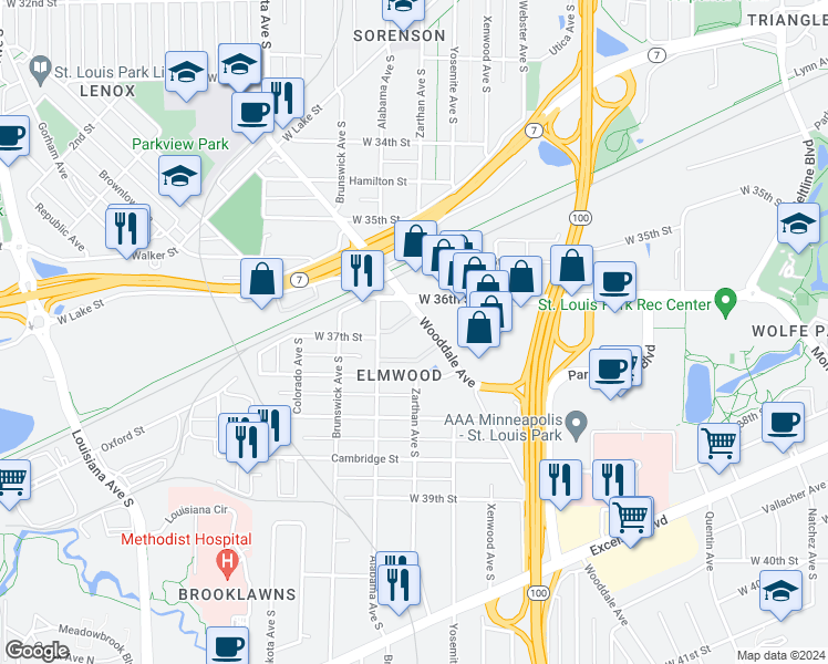 map of restaurants, bars, coffee shops, grocery stores, and more near 3640 Wooddale Avenue South in St. Louis Park