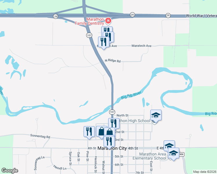 map of restaurants, bars, coffee shops, grocery stores, and more near 200 River Road in Marathon City