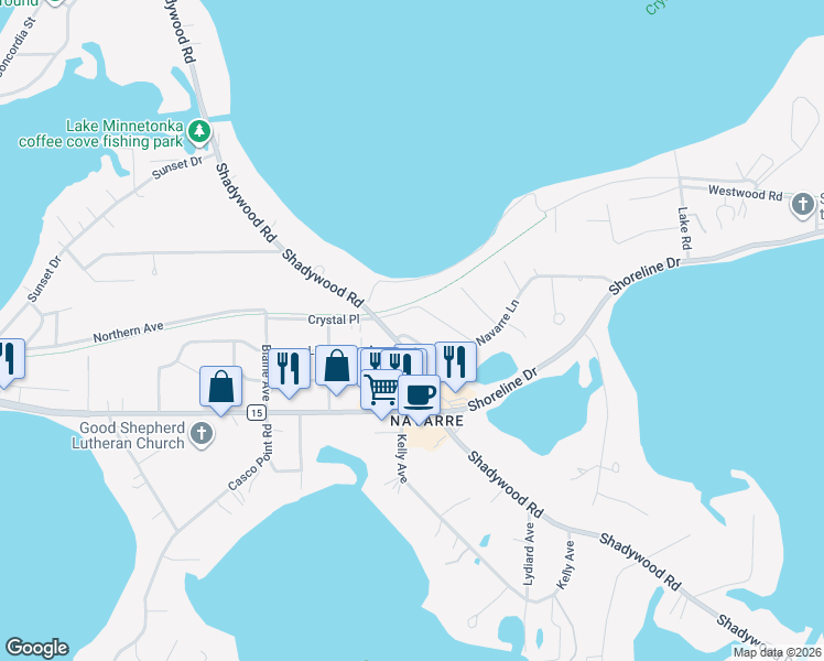 map of restaurants, bars, coffee shops, grocery stores, and more near 2306 Olive Avenue in Wayzata