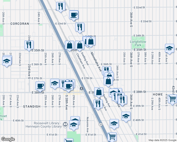 map of restaurants, bars, coffee shops, grocery stores, and more near 3624 Snelling Avenue in Minneapolis