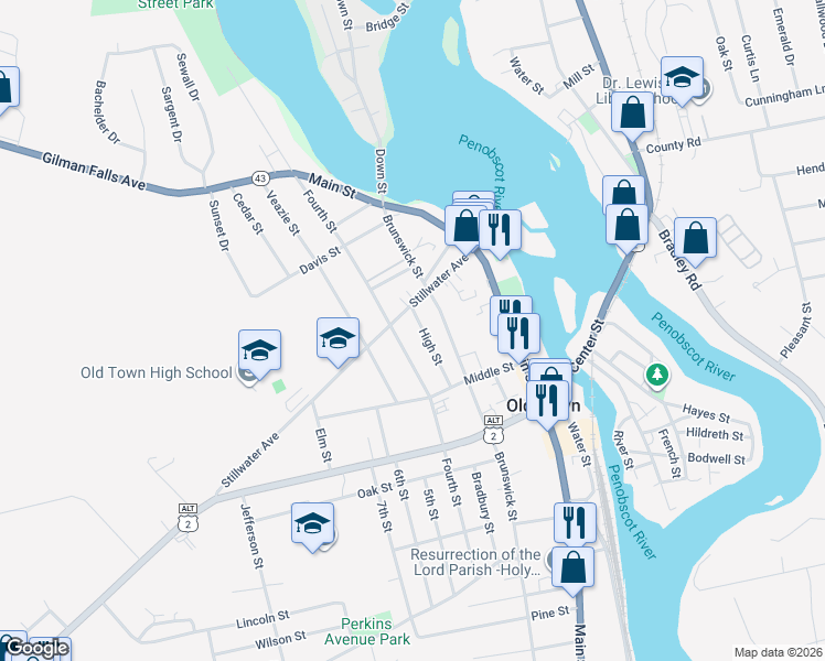 map of restaurants, bars, coffee shops, grocery stores, and more near 24 High Street in Old Town