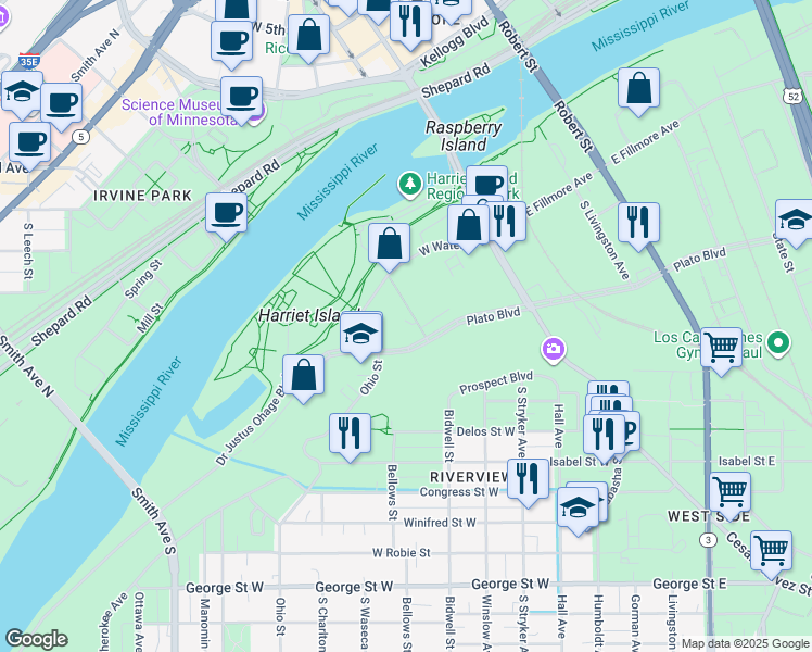 map of restaurants, bars, coffee shops, grocery stores, and more near 115 Plato Boulevard West in Saint Paul
