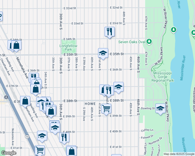 map of restaurants, bars, coffee shops, grocery stores, and more near 3628 41st Avenue South in Minneapolis