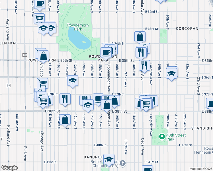 map of restaurants, bars, coffee shops, grocery stores, and more near 3619 South 15th Avenue in Minneapolis